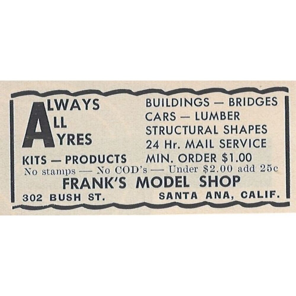 Frank's Model Shop Model Railroad Vintage Print Ad Original 1954 Santa Ana Ca